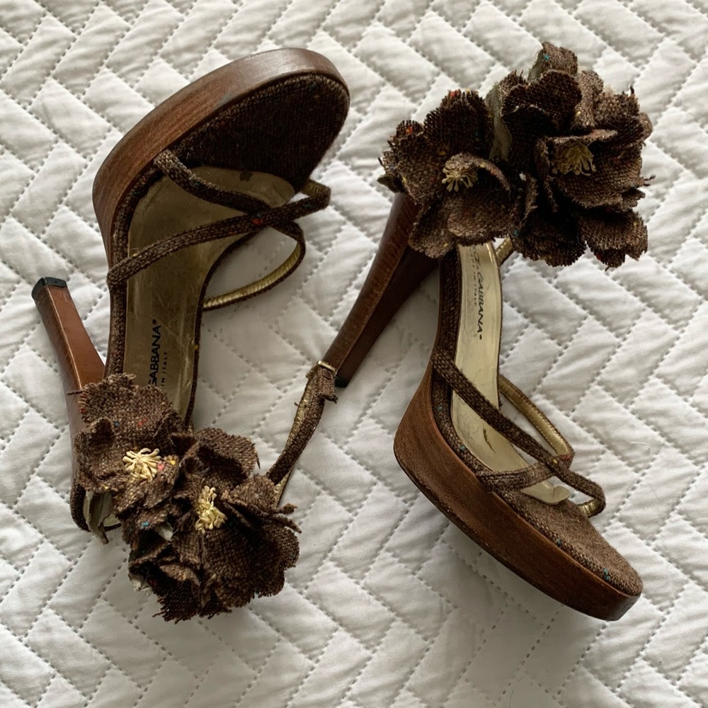 Dolce & Gabbana vintage tweed flower platform sandals heels, 7 - Picture 3 of 16